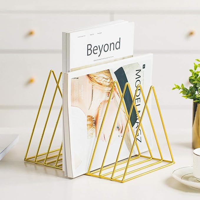 Sooyee 2 Pack 9 Slot Gold Magazine Holder, Desktop File Sorter Organizer Triangle Bookshelf Decor for Home Office, Iron Wire
