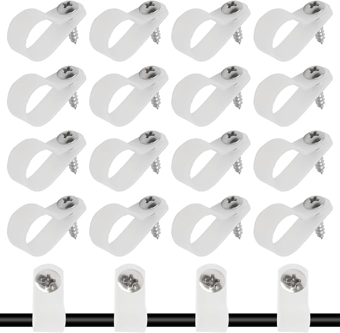 50 Pcs 5/8 Inch White Nylon Cable Clip Wire Clamp | R-type, 16mm, Stainless Steel Screws Included, Screw Mounting, Wire Management