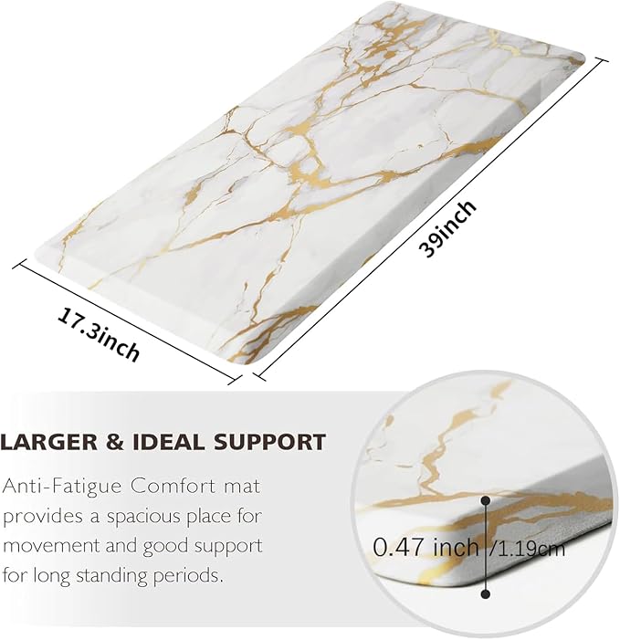MAYHMYO Kitchen Mats Cushioned Anti Fatigue 0.47" Thick, White and Gold Marble Kitchen Rug Floor Mat, Non Slip Waterproof Modern Comfort Standing Mat for Home, Office, Sink