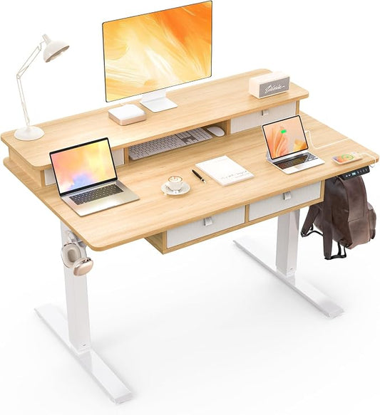 48 * 30 Inches Electric Standing Desk Adjustable Height with 4 Drawers, Double Storage Shelves Stand Up Desk, Home Office Workstation Sit Stand Desk (Nature)