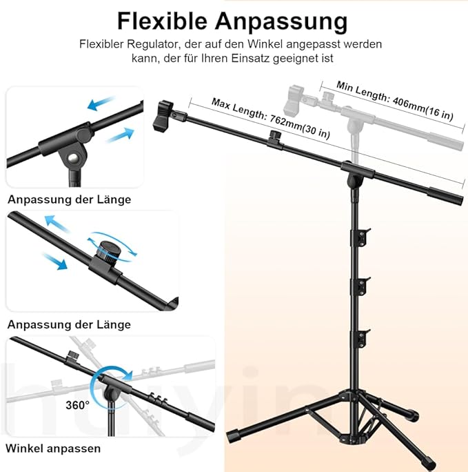 Microphone Stand, Tripod Boom Arm Floor Mic Stand Height Adjustable Heavy Duty for Singing Podcast for Blue Yeti Shure SM58 SM48 Samson Q2U