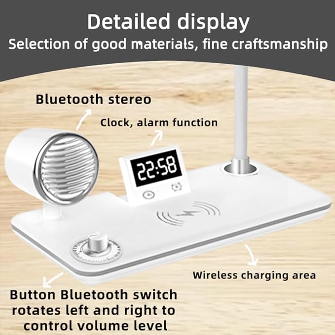 IHAO Smart LED Desk Lamp with Wireless Charger & Bluetooth Speaker, 15W Fast Charging Station for Phone & Earbuds Touch Control 3 Light Modes Alarm Clock Adjustable Eye-CareTable Lamp-HYT1772 Black