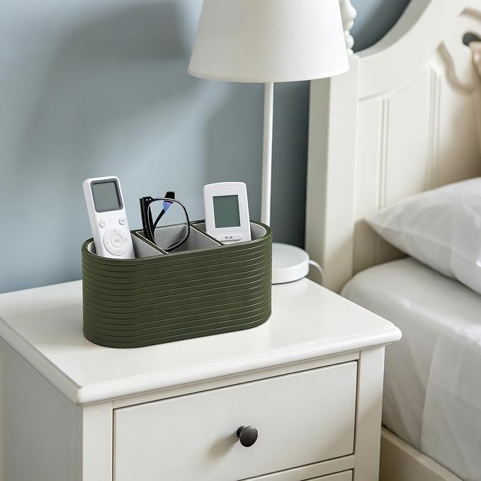 Remote Control Holder, Oval Pen Holder for Desk, Olive Green | 3-Compartment Desk Caddy for Remotes, Glasses, Pens, PU Leather Small Desk Organizer for Nightstand, Coffee Table, Office