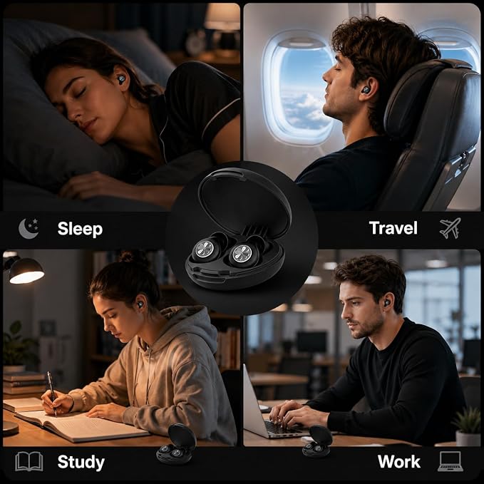 45dB Ear Plugs for Sleeping, Soft Silicone for Side Sleepers, 4 Sizes | Reusable soft silicone with XS/S/M/L sizes for side sleepers, concerts, flights and hotels; carrying case included.