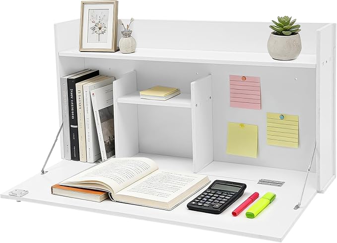 Wall-Mounted Foldable Desk Cabinet with Storage Drawers, Space-Saving PVC Organizer for Home Office, Study Room, Bedroom, Small Apartment & Remote Work (White)