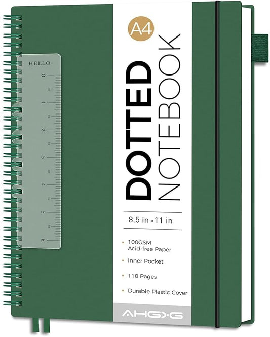 AHGXG Dotted Journal - Dot Grid Spiral Notebook 8.5" x 11", A4 Large Dotted Notebook, 100 GSM Thick Paper, Waterproof Plastic Cover Journals for Journaling, Sketching, Dark Green