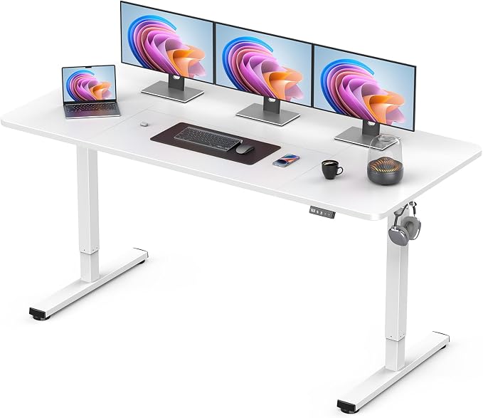 63" Electric Standing Desk Adjustable Height, Sit Stand up Desk for Home Office & Computer Workstation, 2 Memory Height Settings, Splice Board, 2 Hooks, White Frame/White Top