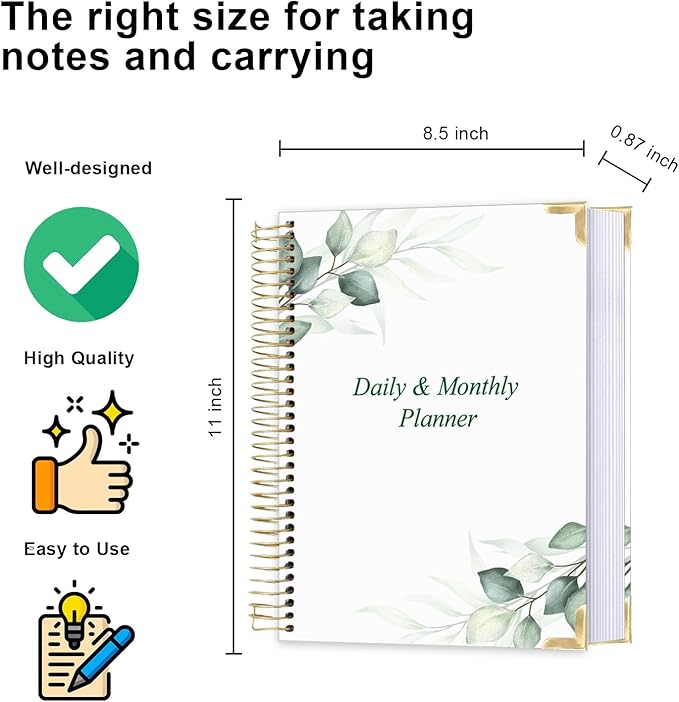 Undated Daily Monthly Planner for 2026 or Anytime - A4 To Do List with Hourly Schedule, Hardcover Spiral Bound Daily Planner to Increase Focus, Stylish School/Office Supplies, 8.5" x 11", Green Leaf