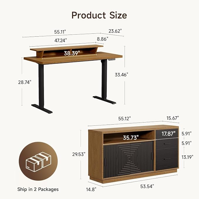 ONBRILL 55" Electric Standing Desk with 55" File Cabinet, Adjustable Height Home Office Furniture Set with Monitor Stand and 3 Drawers, Executive Workstationfor Home Office, Oak Brown