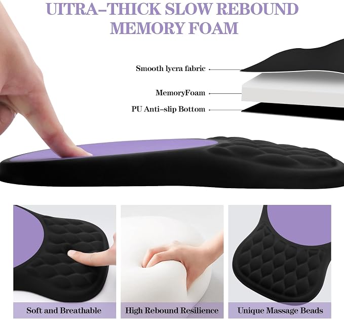Ergonomic Mouse Pad with Wrist Rest, Memory Foam Mousepad with Wrist Support and Non-Slip PU Base for Pain Relief, Massage Bulge Mouse Mat for Office, Home, Computer Desk (Black + Purple)