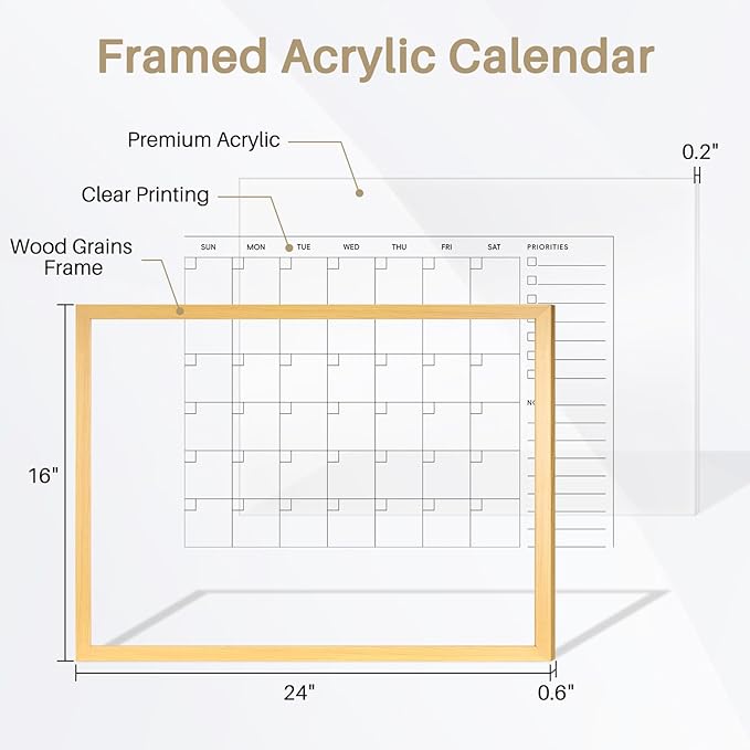 Large Acrylic Calendar for Wall, 24" X 18" Wood Grains Frame Clear Acrylic Wall Calendar, Clear Wet & Dry Erase Board Hanging Monthly Planner for Office, Home or School