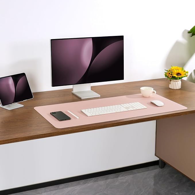 Dual Sided Desk Pad Faux Leather Desk Mat Large Mouse Pad | Desk Pad Protector Non-Slip Waterproof Desk Mouse Pad for Writing Desk, Office, Home(Pink Gray 31.5"X15.7")