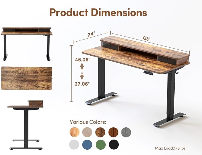 BANTI 63x28 Inch Electric Standing Desk with Dual Drawers, Stand Up Table with Storage, Adjustable Height, Deeper Wider Desktop, Black Frame/Rustic Brown Top