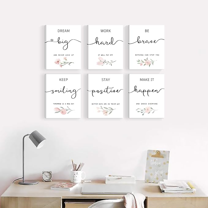 Inspirational Wall Art for Bedroom, Motivational Office Wall Art Decor, Framed Canvas Wall Art for Women, Girls, Positive Affirmations Quotes Prints, Set of 6PCS, 8"x10", FRAMED