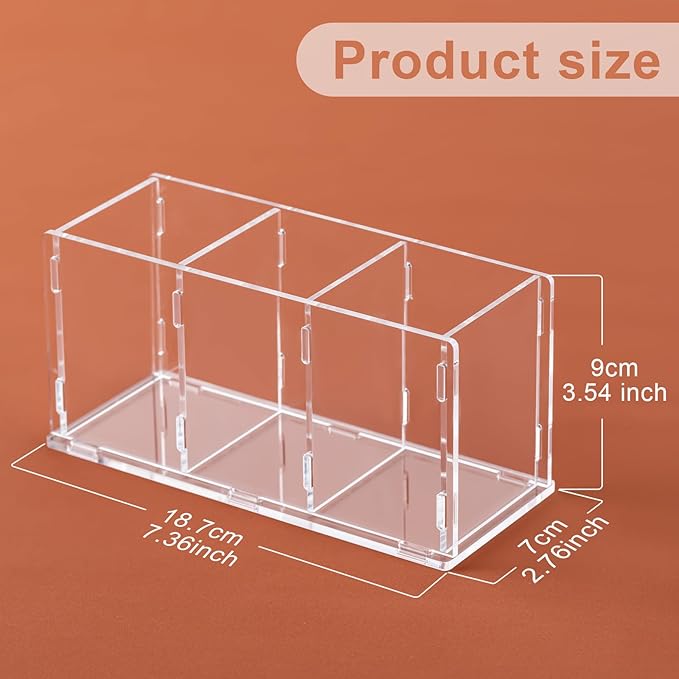 Clear Acrylic Desk Organizer, Premium pencil holder for desk 3 Slot Desktop Pen Holder Caddy for Makeup Organizer for Office, Bedroom, Bathroom & Kitchen (1, CLEAR)