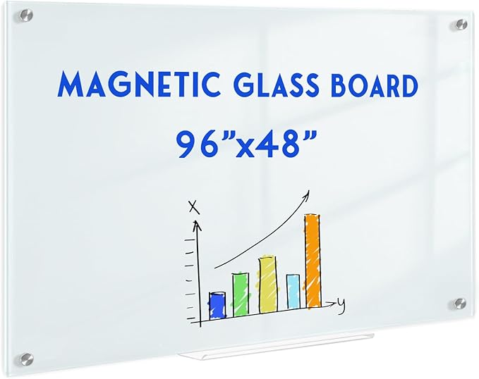 Magnetic Glass Whiteboard, 8' x 4', Frameless Wall Mount, Normal White | 96" x 48", Large Glass Dry Erase Board for Wall, Includes 1 Marker Tray, 10 Magnets, White Board for Office, Home, Classroom