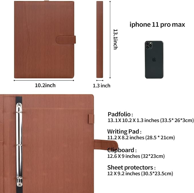 Wonderpool A4 PU Leather Portfolio Holder Ring File Document Case with Removable Binder Clipboard, Multi Pocket and Legal Pad for Business Organizer Interview and Meeting (Wine red)