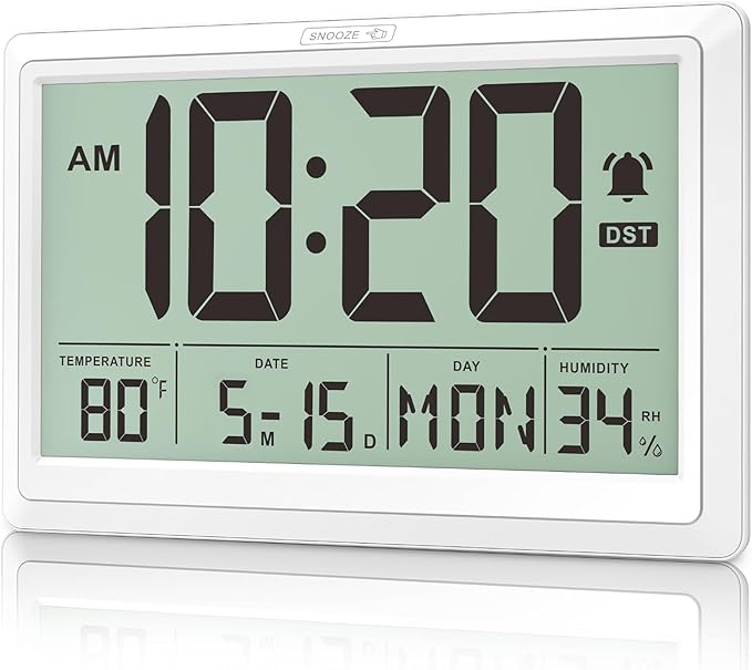 XREXS 10.4 Inch Digital Wall Clock Battery Operated Large Display Clock | Digital Calendar with Indoor Temperature/Humidity/Date/Day, Auto DST for Classroom, Livingroom, Office(No Backlight)(White)