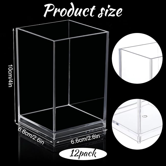 12 Pack Acrylic Pen and Makeup Brush Holder – Clear Desktop Organizer for Office, Home, and Studio Supplies, Stationery Storage Accessory (2.6 x 2.6 x 4 Inch Each)