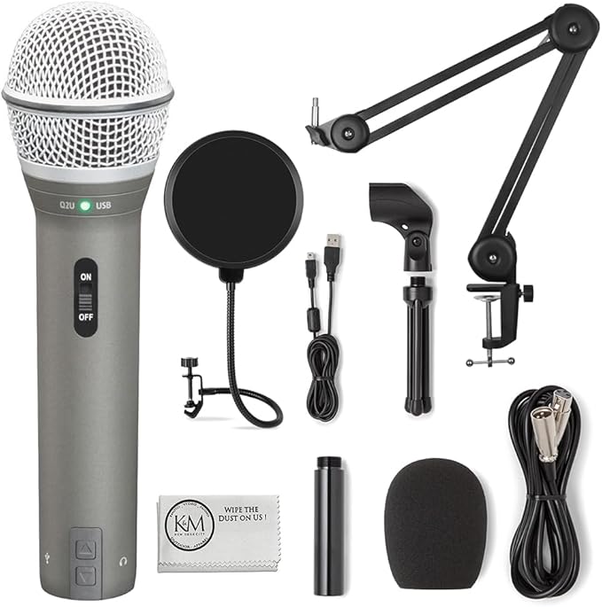 SAMSON Technologies Q2U USB/XLR Dynamic Microphone Recording and Podcasting Pack | Gray Bundled with Pop Filter + Mic Arm + Microfiber Cleaning Cloth (4 Items)