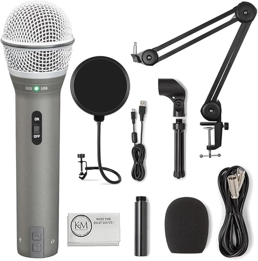 SAMSON Technologies Q2U USB/XLR Dynamic Microphone Recording and Podcasting Pack | Gray Bundled with Pop Filter + Mic Arm + Microfiber Cleaning Cloth (4 Items)