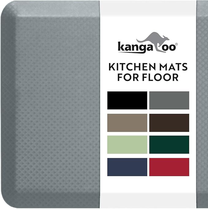 KANGAROO Anti Fatigue Mats for Kitchen Floor, 70x24, Reduce Foot, Knee, Back Pressure, 3/4 Inch Thick Cushioned Ergonomic Mat, Waterproof Comfort Rug for Under Sinks, Standing Desk, Store Floors, Grey