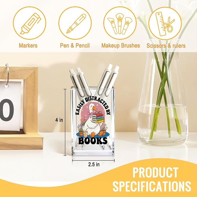 Easily Distracted By Books Acrylic Organizer Pencil Pen Holder, Cute Goose Book Stack Design Desk Storage Organizer, Bookworm Gifts for Book Goose Lover Bibliophile Librarian Books Club Member