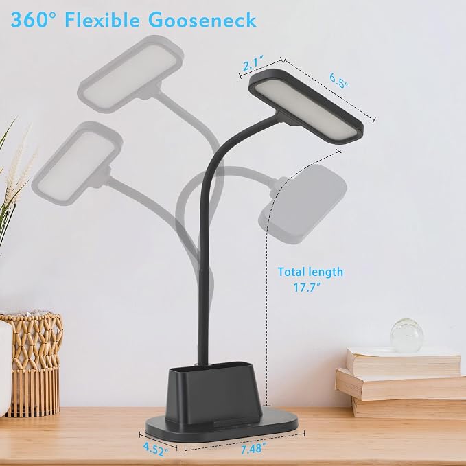 BOHON Desk Lamp for Home Office Reading Light with USB Charging Port Black | Small Desk Lamps with Pen Holder, 5 Color Modes 5 Brightness, Touch Gooseneck LED Table Lamp for Dorm Room Essentials Study