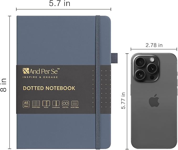 &And Per Se Dotted Journal Notebook, A5 Hardcover Leather Dotted Journal, 160 Pages 100gsm Thick Dot Grid Paper, 3 Sheets of Stickers Included - 5.7'' x 8'' (Dark Blue)