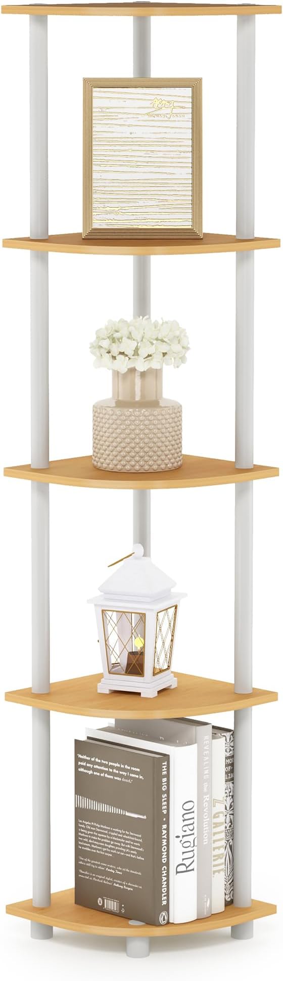 Furinno TURN-N-TUBE Corner Shelf, 5-Tier Corner Bookshelf, Open Storage Shelves, for Organization and Storage, Living Room, Home Office, Garage, Bedroom, Beech