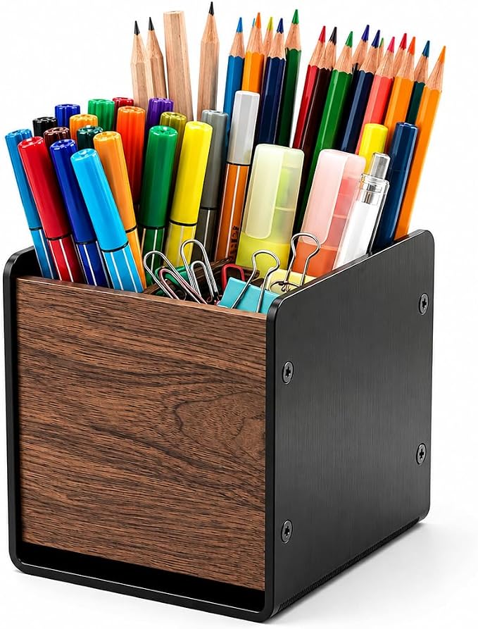 Walnut Desk Organizer, Minimalist Pencil Holder for Office Desk | Walnut Wood Design Minimalist Desk Organizer Multi-Purpose Storage Office & Home Use Modern Desk Decor