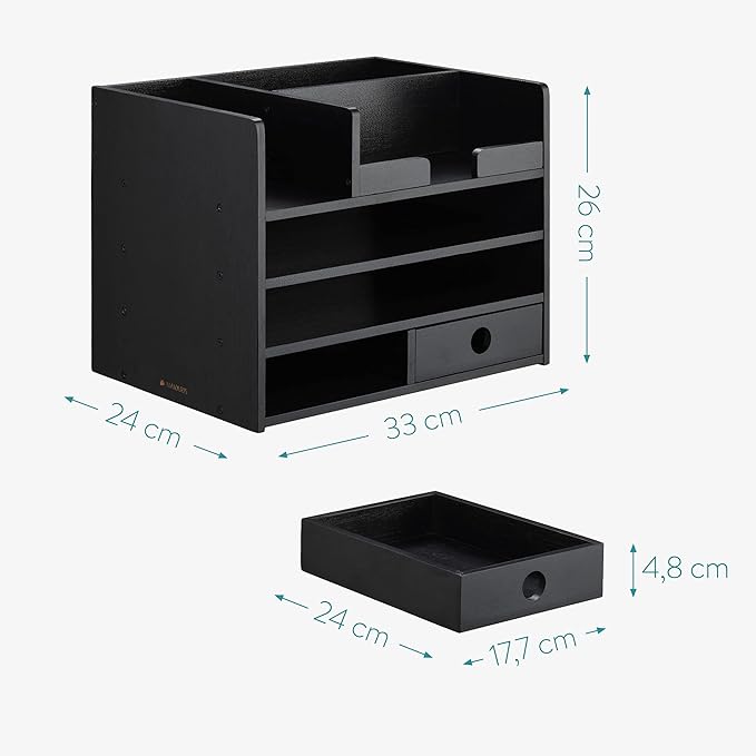 Navaris Bamboo Desk Organizer - Desktop Table Storage Drawers and Compartments for Organizing Stationery, Documents, Files, Office Accessories - Black