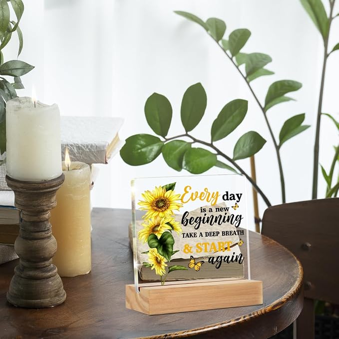 Motivational Sunflower Gifts Desk Accessories for Women Office Decor | Inspirational Gifts, Every Day Is a New Beginning, Positive Home Desk Decorative Sign, Clear, Acrylic, 4 x 4 Inches