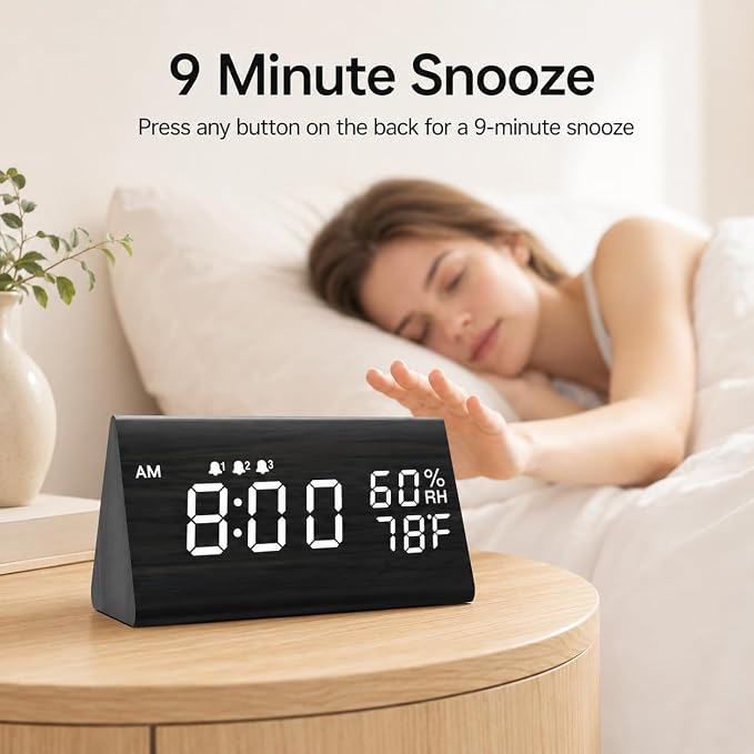 JALL Wooden Digital Alarm Clock for Bedrooms and Office, 3 Alarms with Big Digits, Humidity and Temperature Display, 6-Level Dimmer, Snooze, Loud Desk Clock for Heavy Sleepers, Plug in (Black)