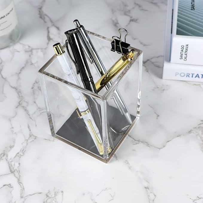 MEI YI TIAN Clear Acrylic Pencil Pen Holder Cup with Black Bottom, Desk Accessories Makeup Brush Holders Modern Design Desktop Organizer for Countertop Desk Accessory Storage