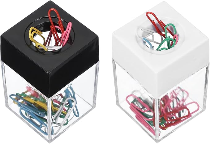 PATIKIL Magnetic Paper Clip Holder Dispenser, 2Pcs Large Capacity Paper Clip Organizers with Magnetic Top for Desk Supplies, Office, Classroom, Home, Black/White(36Pcs, Multicolor Clip)