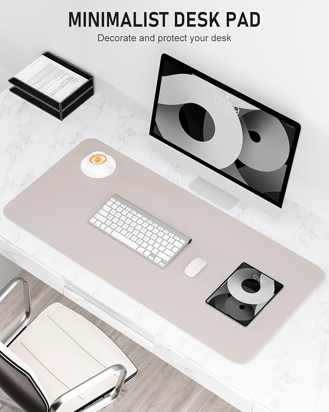 Desk Pad, 35.5" x 17" PU Leather Non-Slip Desk Mat Large Mouse Pad for Desktop, Waterproof Laptop Computer Writing Mat for Office, Home, Work, Gaming, Beige Gray