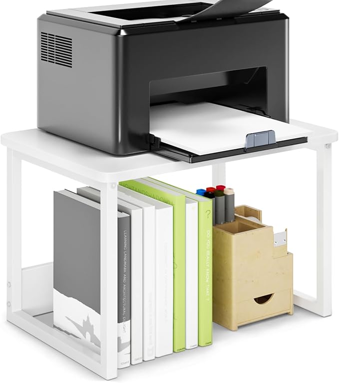 MARTY Printer Stand for Desk, Desktop Shelf Printer Riser for Home Office | Desktop Printer Stand, 17.1"x12.4", Printer Shelf, Small Printer Table for Fax Machine Copier Scanner, Desk Organizer, White