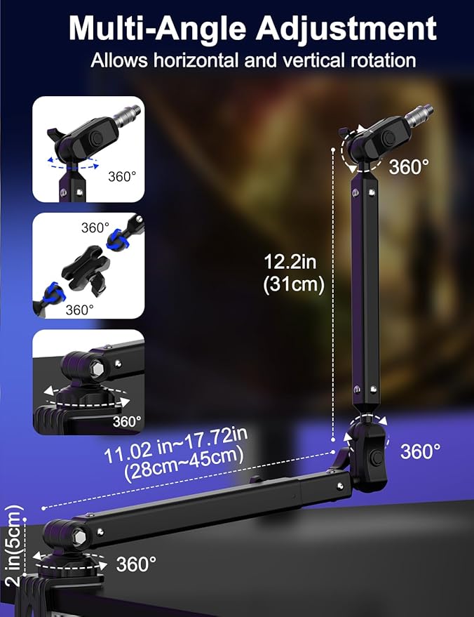 Microphone Boom Arm, 360° Rotatable Heavy Duty Stable Metal Low Profile Mic Arm Stand Desk Mount for Podcast Live Streaming Gaming Studio, with Cable Management, 3/8'' to 5/8'' Adapter
