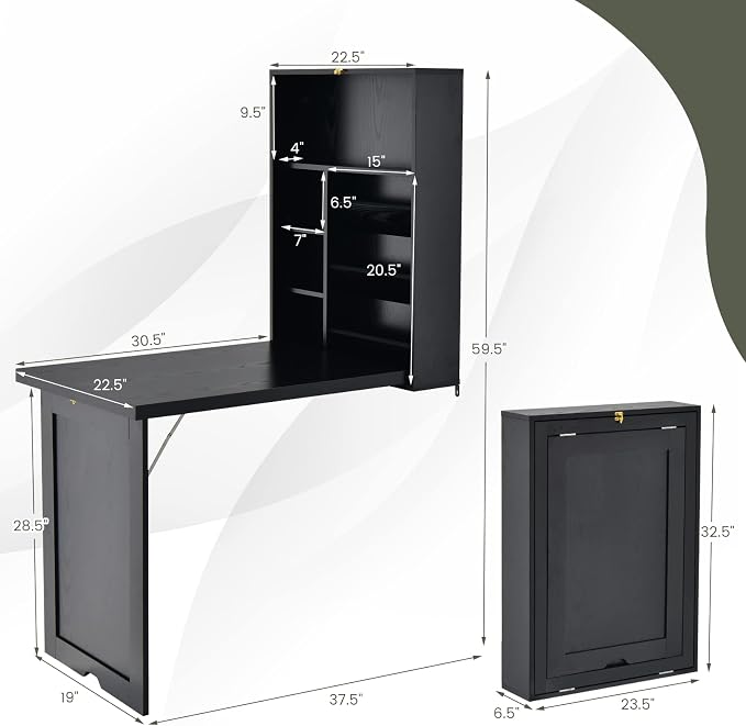 Wall Mounted Desk, Fold Out Convertible Desk with Storage Shelves, Space Saving Wall Folding Table, Home Office Floating Desks for Small Spaces (Black)