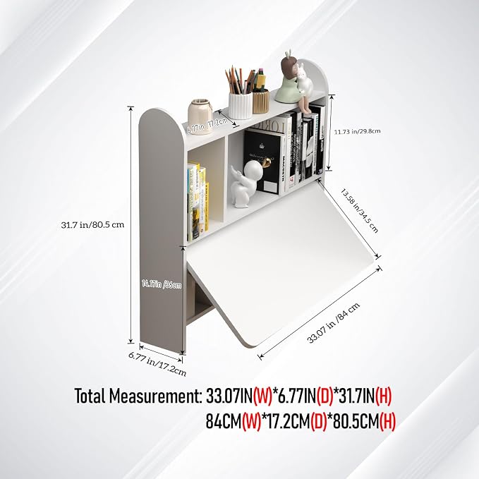 Wall Mounted Drop-Leaf Table, Floating Laptop Desk, Folding Table with Shelves, Multifunctional Computer Workstation with Storage Compartments in Home Office for Space Saving (White)