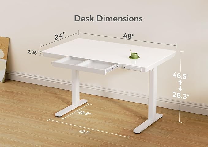 Claiks Glass Standing Desk with Drawers & USB Ports 48x24 Inch, White | 3 Steps Quick Install, 2 Zones Drawer, USB Ports, Ultra White One-Piece Glass Top, Writable Top
