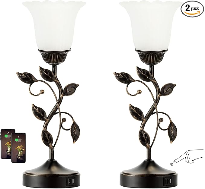 Set of 2 Touch Bedside Vintage Lamps with 2 USB C+A | 3-Way Dimmable Flower Lamps, White Glass Shade Rustic Leaf Lamp for Bedroom Side Table, LED Bulb Included