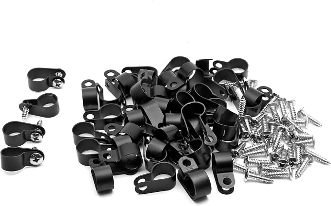 1/2 Inch Nylon Cable Clamps, Black, 60pcs R-Type Wire Cable Clips | M4 Screws Included, Screw Mounting Cord Fastener, Wire Conduit Clamp, for Wire Management