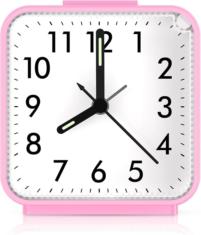 AMIR Silent Analog Alarm Clock, Small Battery Operated Clock with Snooze | Loud Ascending Beep Alarm with Night Light, Non Ticking Desk Clock for Bedroom, Travel, Students