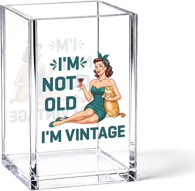 YAZMEEN Vintage Gift Acrylic Pen Holder - I'm Not Old, I'm Vintage Desk Organizer - Office & Home Desk Accessories - Birthday Gift for Women, Mom, Grandma, Friends