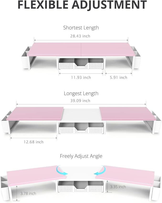 OPNICE Desk Organizers and Accessories, Dual Monitor Stand Riser with Drawer and 2 Pen Holders, Desk Shelf Wood Computer Racks for Office Workspace Organizers, Desktop Organization (Pink-White Wood)