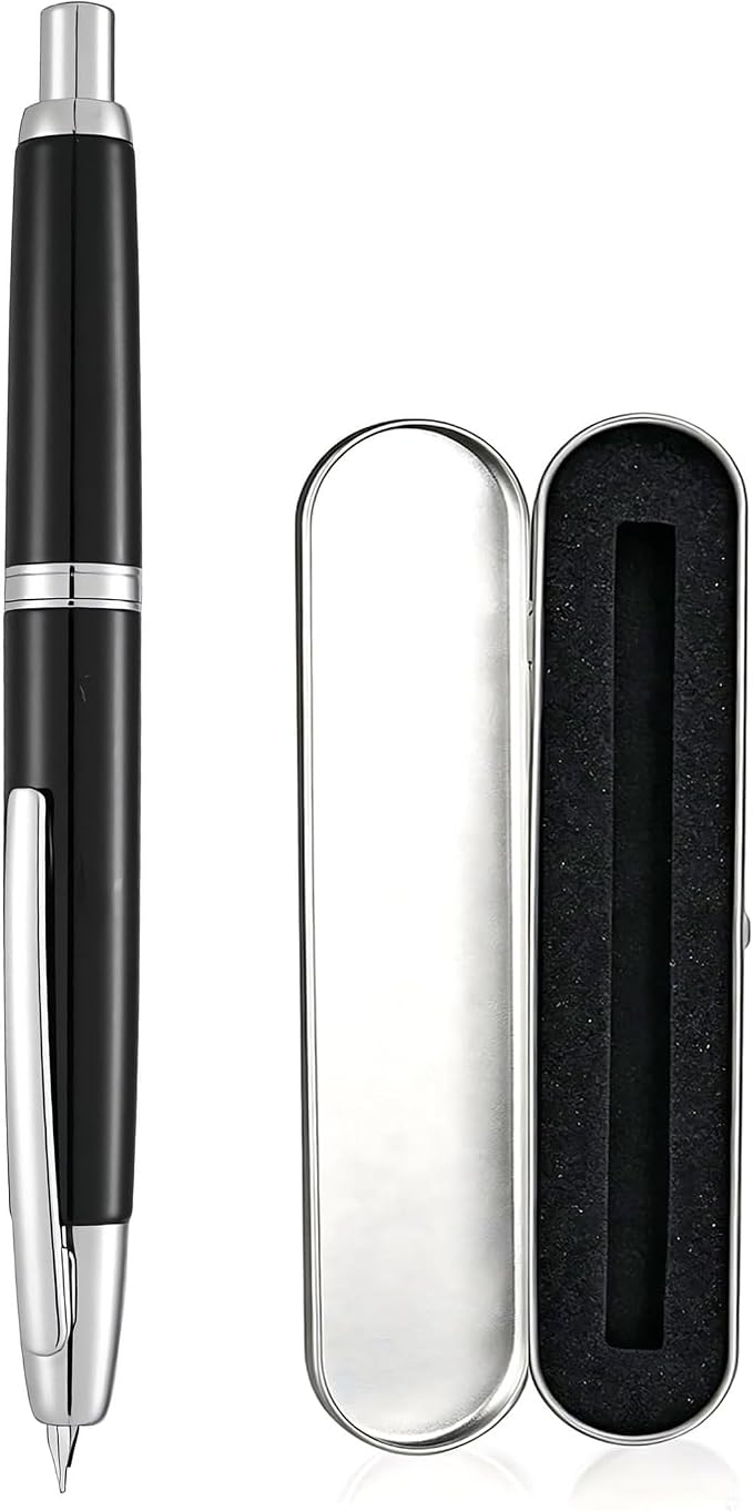 Jinhao 10 Retractable Fountain Pen, Bright Black F Writing Pen with Converter and Pen Box