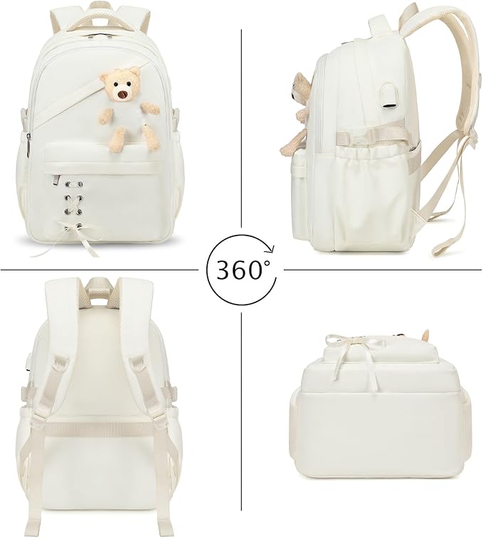ACESAK School Backpack for Girls - 3 PCS Cute Girls Backpack with Lunch Box & Pencil Case - Kawaii Casual Kids Bookbag School Bag Daypacks Set for Elementary Middle High School Student Teens (Beige)