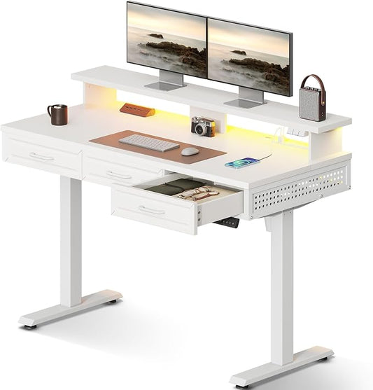 OffiGo 48 Inch Electric Standing Desk, White, 3 Wood Drawers, Monitor Stand | 3 Outlets & 2 USB Ports, 20 LED Modes, 3 Memory Heights, 29.9"-46.1" in Range, Cable Management Tray, 154 lb Capacity